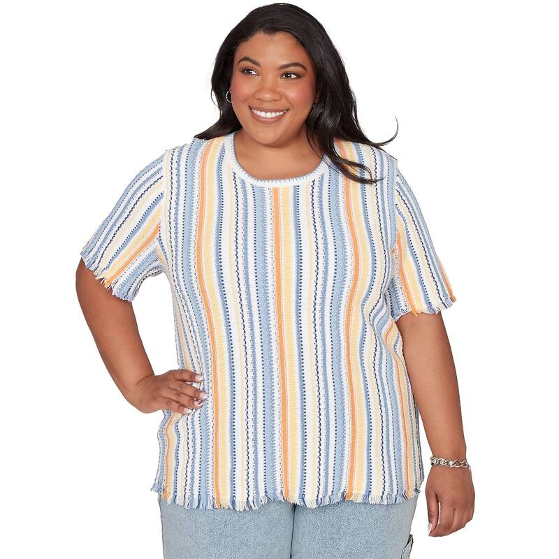 アルフレッド ダナー レディース トップス プルオーバー つけ加える大きさ フリンジ Pluside Alfredunner Textured Fringe Stripe Top Blue Multi 青み