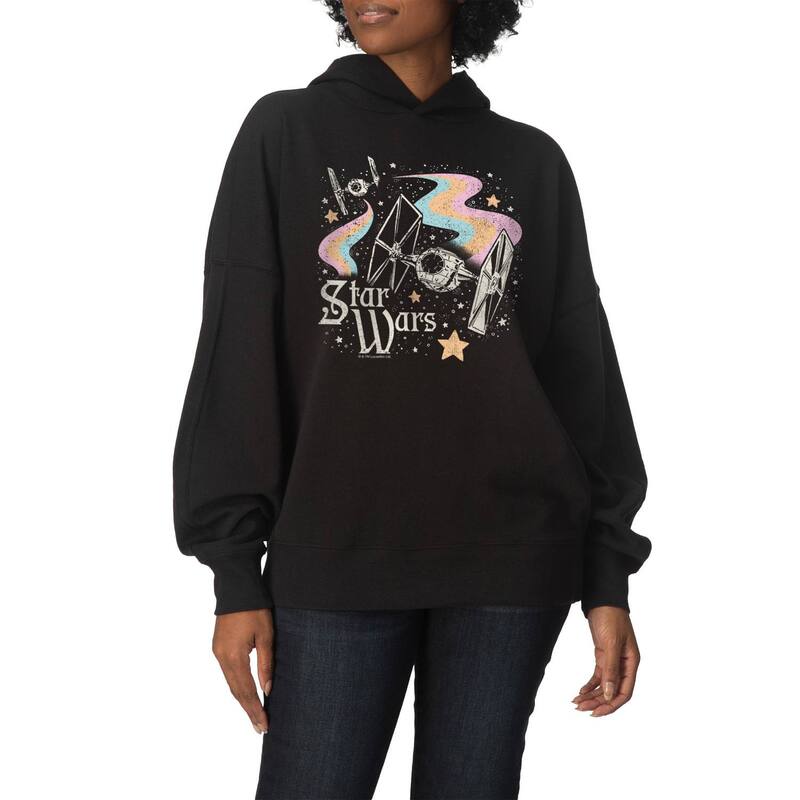 アニメ文字記号 レディース トップス ティーシャツ 汗水 フリース パーカー Licensed Character Women\u0027star Wars Celestial Ships Oversized Fleece Hoodie Sweatshirt Black 黒いこと