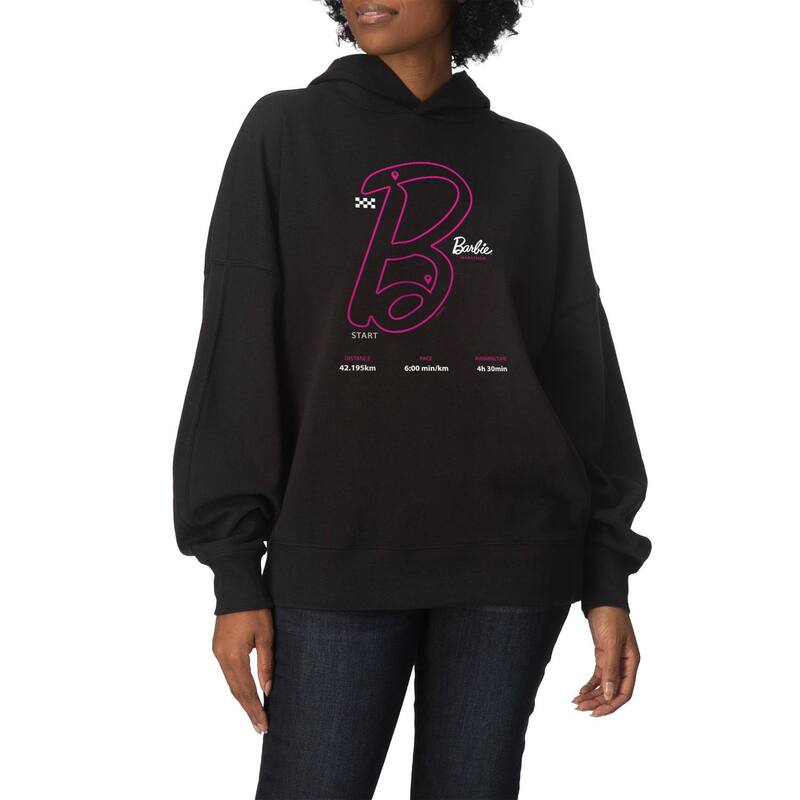 アニメ文字記号 レディース トップス ティーシャツ 汗水 ロゴタイプ フリース パーカー Licensed Character Women\u0027s Barbie Marathon Logoversized Fleece Hoodie Sweatshirt Black 黒いこと
