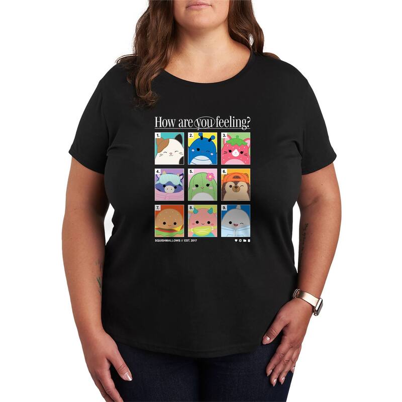 アニメ人となり レディース トップス ティーシャツ 足し加える大いさ グラフィック Licensed Character Plusize Squishmallows How Are You Feelingrid Graphic Tee Black 黒いこと