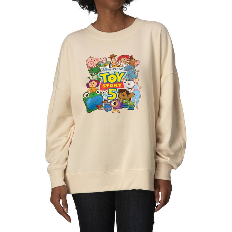 アニメ文字記号 レディース トップス プルオーバー 汗水 フリース Licensed Character Women\u0027s Disney / Pixar\u0027s Toy Story 5 Characters Collage Oversized Fleece Crew Sweatshirt Cream 皮膚軟化剤