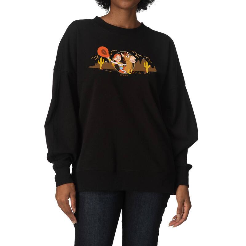 アニメ文字記号 レディース トップス プルオーバー 汗水 フリース Licensed Character Women\u0027s Disney / Pixar\u0027s Toy Story 5 Jessie \u0026 Bullseye Oversized Fleece Crew Sweatshirt Black 黒いこと