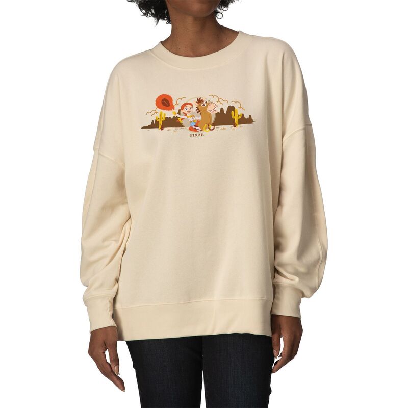 アニメ文字記号 レディース トップス プルオーバー 汗水 フリース Licensed Character Women\u0027s Disney / Pixar\u0027s Toy Story 5 Jessie \u0026 Bullseye Oversized Fleece Crew Sweatshirt Cream 皮膚軟化剤