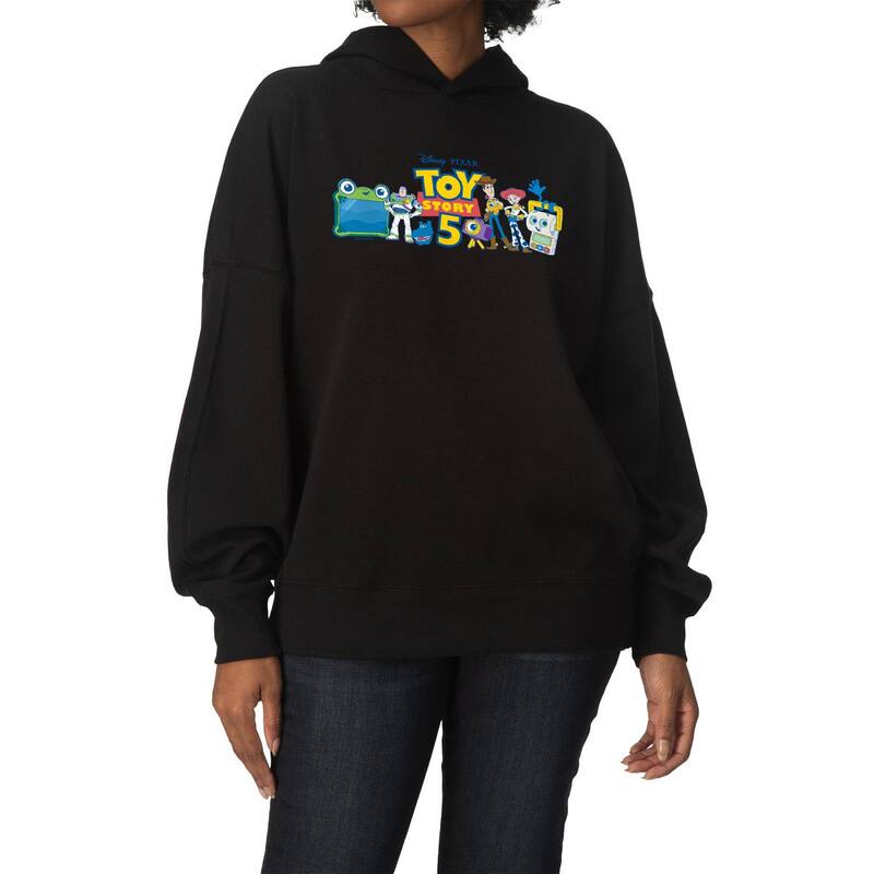 アニメ文字記号 レディース トップス ティーシャツ 汗水 フリース パーカー Licensed Character Women\u0027s Disney / Pixar\u0027s Toy Story 5 Character Lineup Oversized Fleece Hoodie Sweatshirt Black 黒いこと