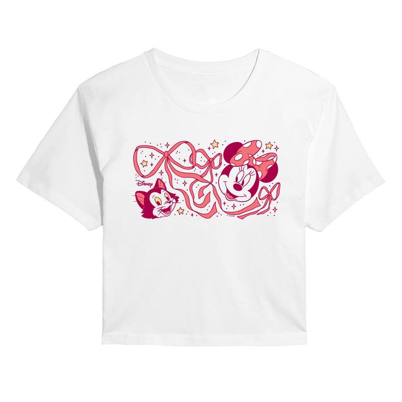 アニメ文字記号 レディース トップス プルオーバー クロップド Licensed Character Juniors\u0027 Disney\u0027s Minnie \u0026 Figaro Coquette Bows Cropped Tee White 白いこと