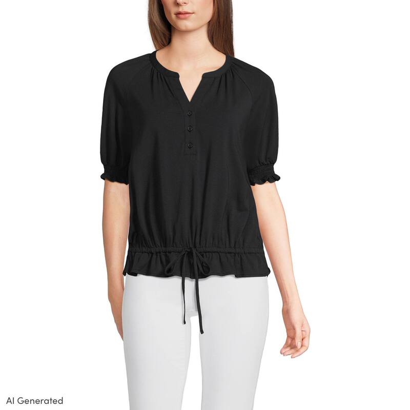 ランズエンド レディース トップス Tシャツ ブラウス Women's Lands' End Elbow Sleeve Adjustable Hem Blouse Black ブラック|ReVida 店