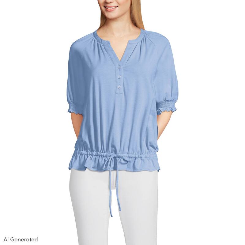ランズエンド レディース トップス Tシャツ ブラウス Women's Lands' End Elbow Sleeve Adjustable Hem Blouse Light Sea Blue ブルー｜ReVida 店