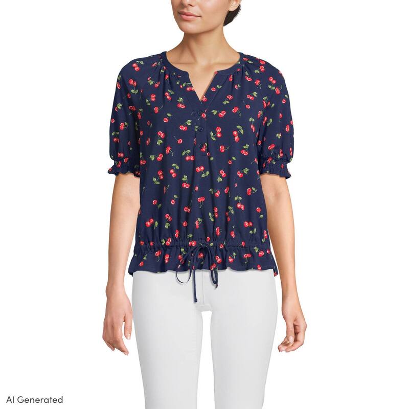 ランズエンド レディース トップス Tシャツ ブラウス Women's Lands' End Elbow Sleeve Adjustable Hem Blousea Navy Cherries ネイビー｜ReVida 店