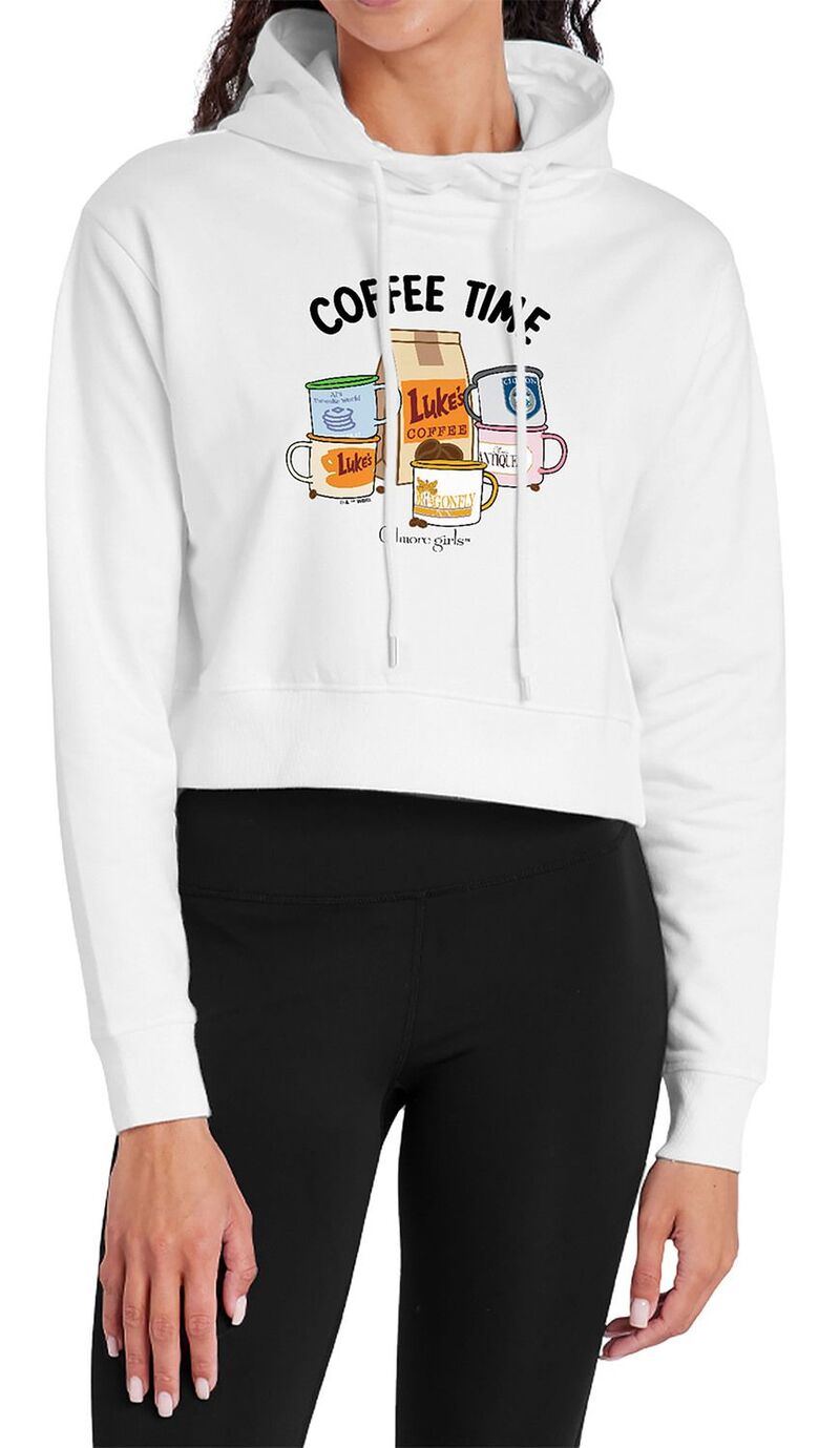 アニメ文字記号 レディース トップス ティーシャツ クロップド パーカー Licensed Character Juniors\u0027 Gilmore Girls Coffee Time Cup Cropped Hoodie White 白いこと