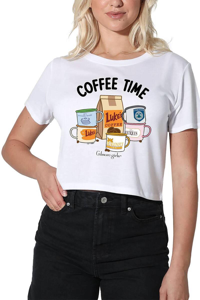 アニメ文字記号 レディース トップス プルオーバー クロップド グラフィック Licensed Character Juniors\u0027 Gilmore Girls Coffee Time Cropped Graphic Tee White 白いこと