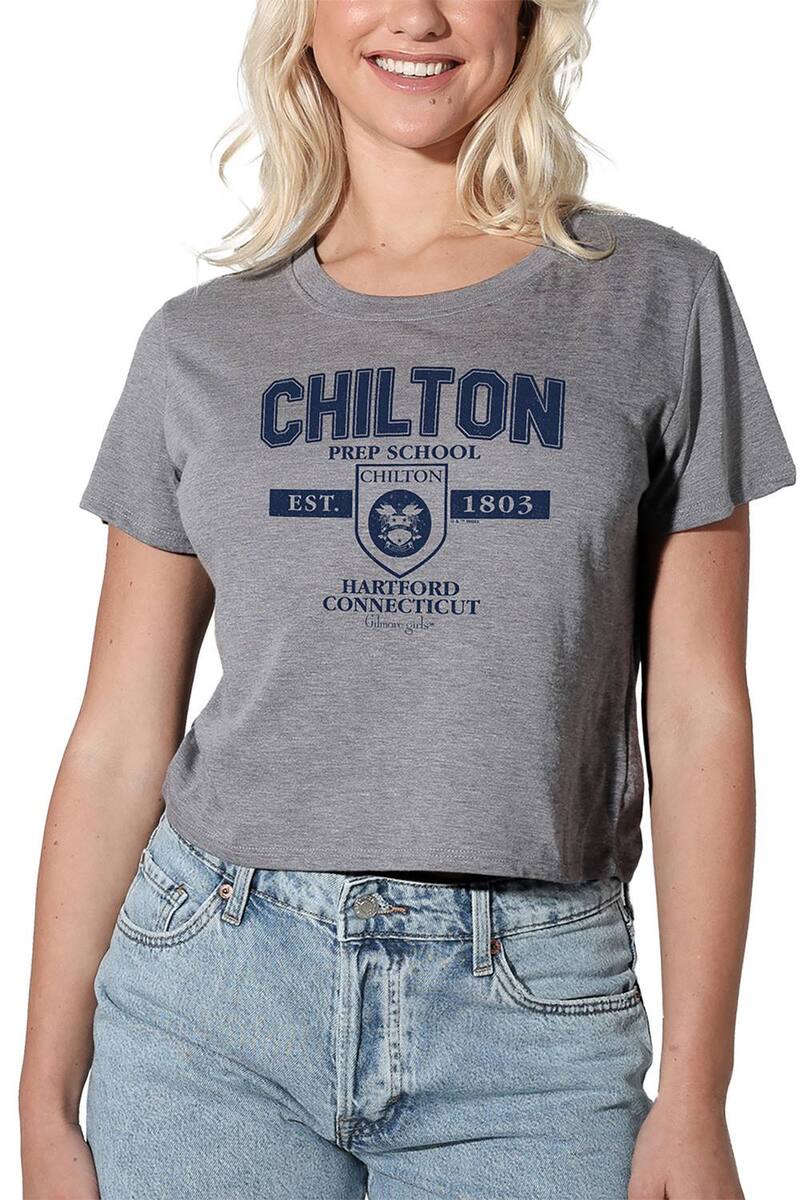 アニメ文字記号 レディース トップス プルオーバー クロップド グラフィック Licensed Character Juniors\u0027 Gilmore Girls Chilton Prep School Cropped Graphic Tee Heather Grey 薄墨色