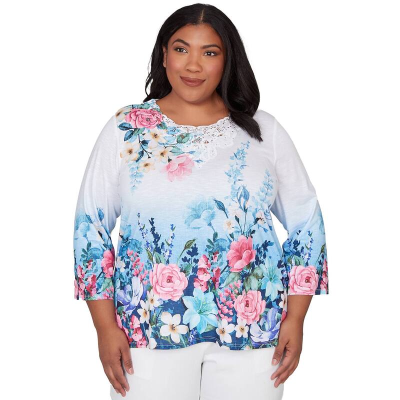 アルフレッド ダナー レディース トップス Tシャツ フラワー柄 プラスサイズ レース フラワー Plusize Alfredunner Floralace Top Blue Multi ブルー|ReVida 店