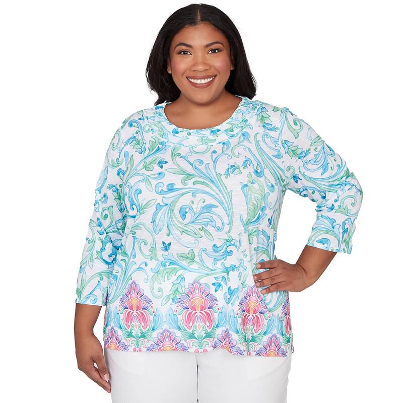 アルフレッド ダナー レディース トップス Tシャツ プラスサイズ Plusize Alfredunner Scroll Border Embellished Neck Top Blue Multi ブルー|ReVida 店