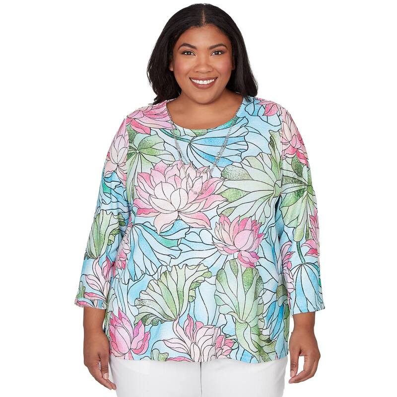 アルフレッド ダナー レディース トップス Tシャツ フラワー柄 プラスサイズ プリント レース フラワー Plusize Alfredunner Stained Glass Floral Printop with Necklace Multi Pink ピンク|ReVida 店