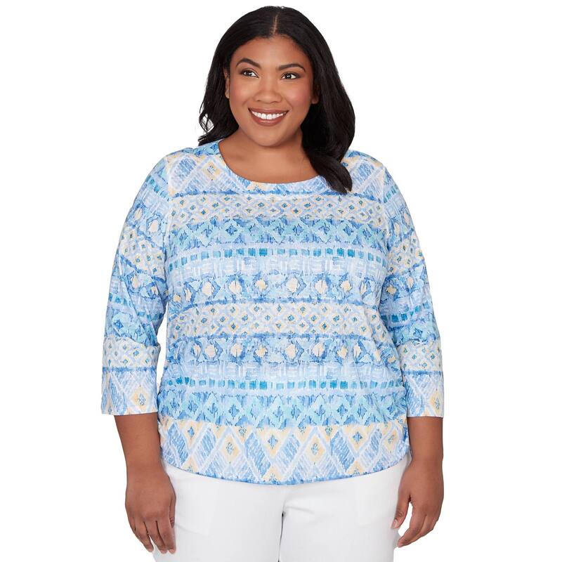 アルフレッド ダナー レディース トップス Tシャツ プラスサイズ ギャザー Plusize Alfredunner Ikat Biadere Tie Ruched Top Cornflower|ReVida 店
