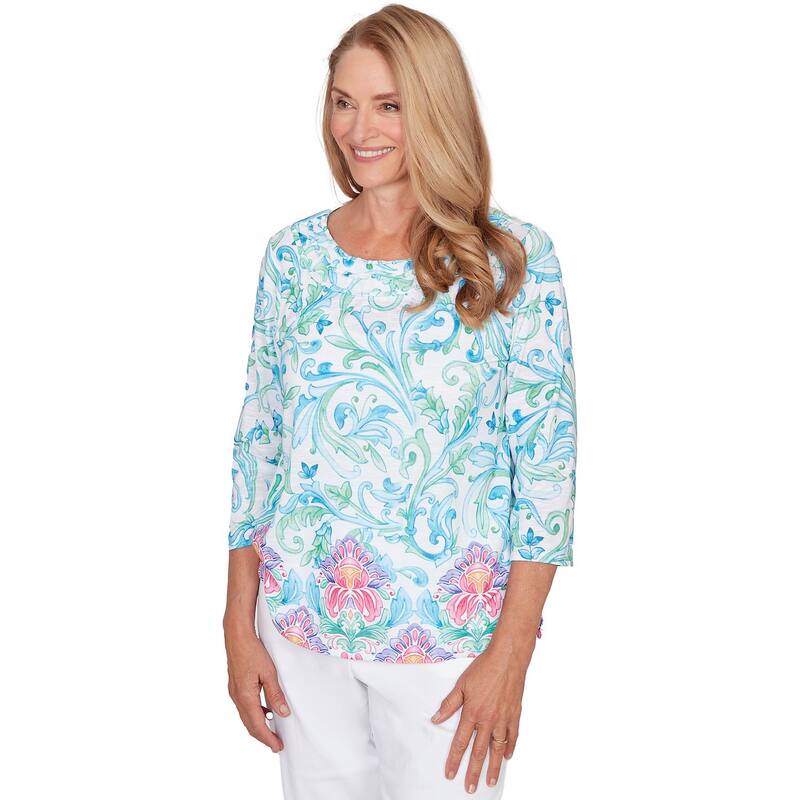 アルフレッド ダナー レディース トップス ティーシャツ Women\u0027s Alfredunner Scroll Border Embellished Neck Top Blue Multi 青碧