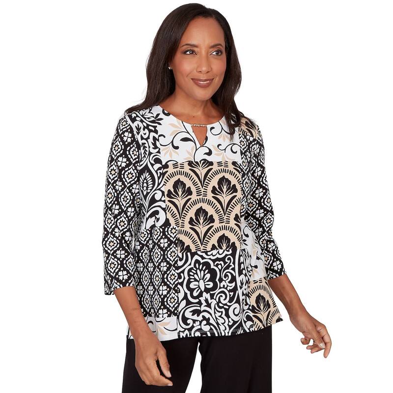 アルフレッド ダナー レディース トップス ティーシャツ パッチワーク Women\u0027s Alfredunner Geometric Scroll Patchwork Split Neck Top Tand Black 黒いこと