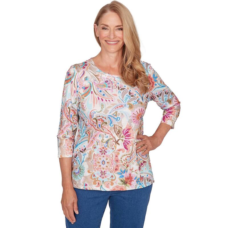 アルフレッド ダナー レディース トップス ティーシャツ 御花柄 筋目 御花 Women\u0027s Alfredunner Paisley Floral Pleated Neck Top Tan タン