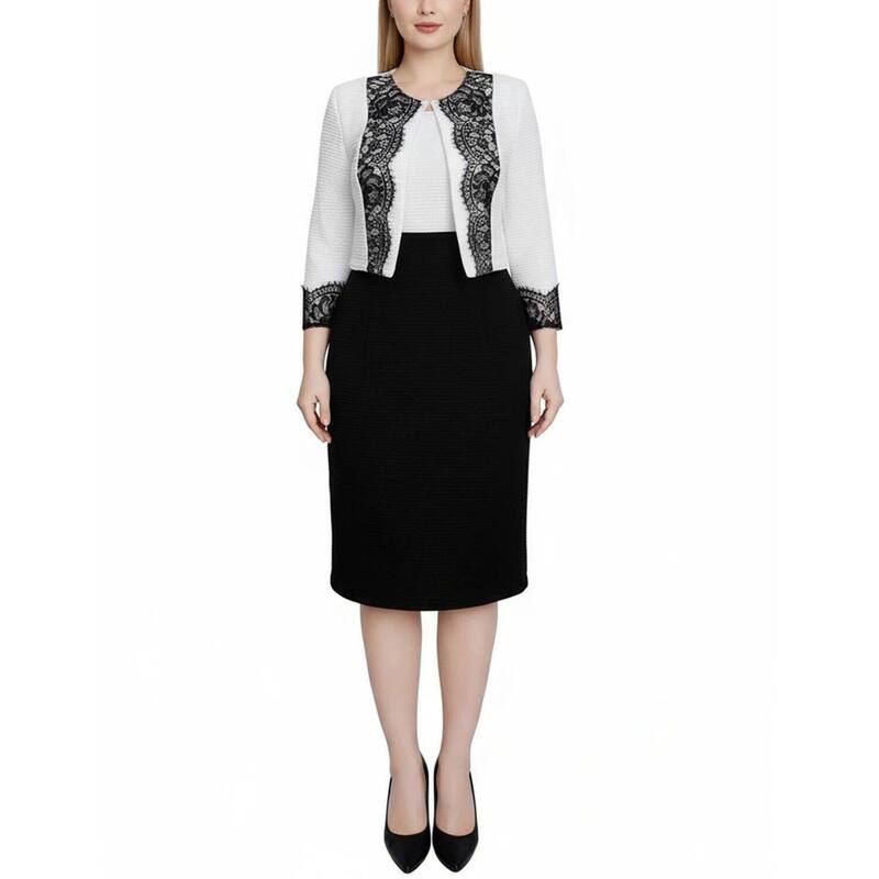 ニューヨーク州寄せあわせ レディース トップス 衣裳 スピード競技 編み物 NY Collection Lace-Detail 2 Piece Textured Knit Dresset White Black 白いこと