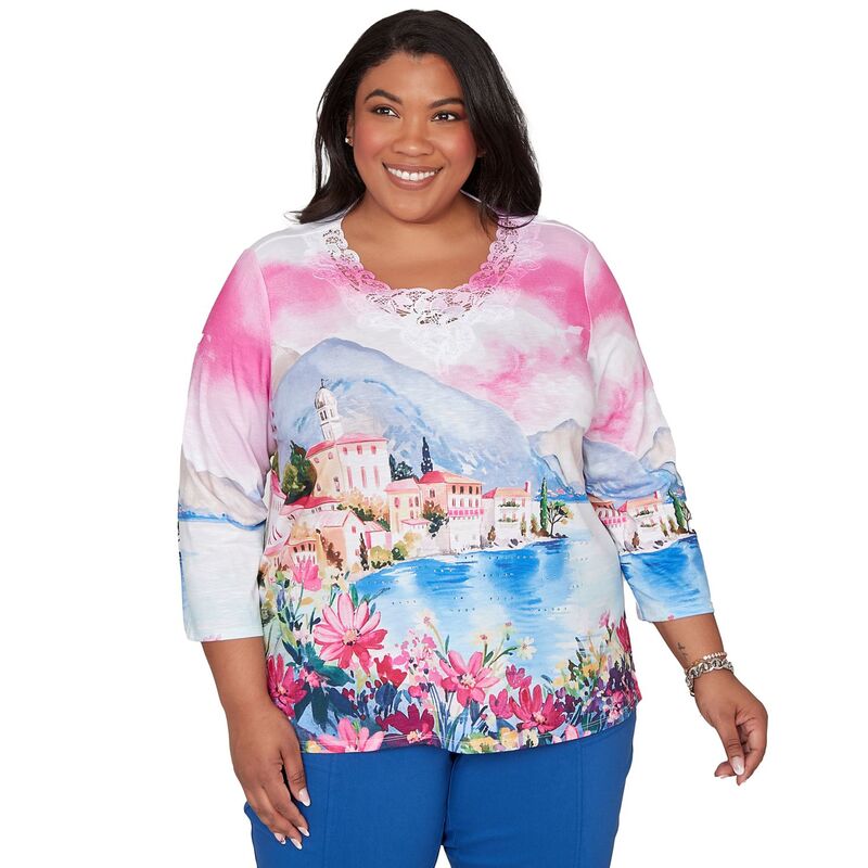 アルフレッド ダナー レディース トップス Tシャツ プラスサイズ Plusize Alfredunner Embellished Lake Como Scenic Topink Multi ピンク｜ReVida 店