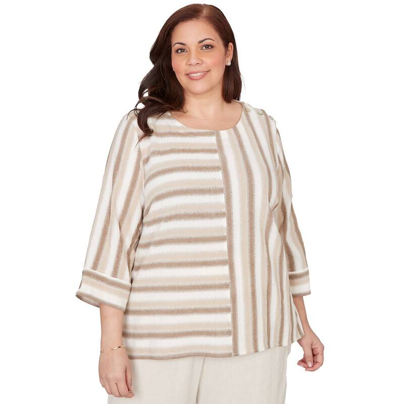 アルフレッド ダナー レディース トップス プルオーバー 足し加える大きさ Plusize Alfredunner Spliced Stripe Three Quarter Sleeve Top Neutral Multi マルチ色合い
