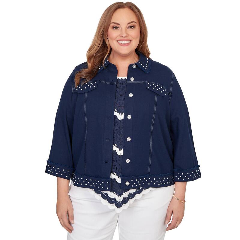 アルフレッド ダナー レディース アウター 上衣・上衣 足し加える大きさ ジーンズ Plusize Alfredunner Pearl Trim Denim Jacket Navy 米国海軍
