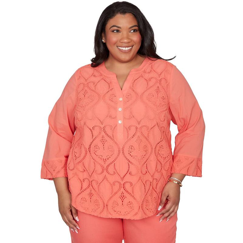 アルフレッド ダナー レディース トップス シャツ プラスサイズ レース Plusize Alfredunner Textured Lace Scroll Henley Top Tangerine タンジェリン｜ReVida 店