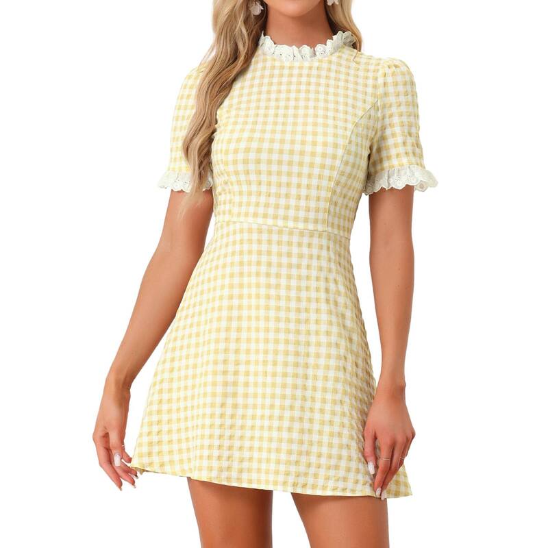 アレグラ ケー レディース トップス 衣装 ヴィンテージ フラウンス 対比 ALLEGRA K Women\u0027s Ruffle Neck Contrast Panel Color Vintage Short Sleeve Dresses Yellowhite 白いこと