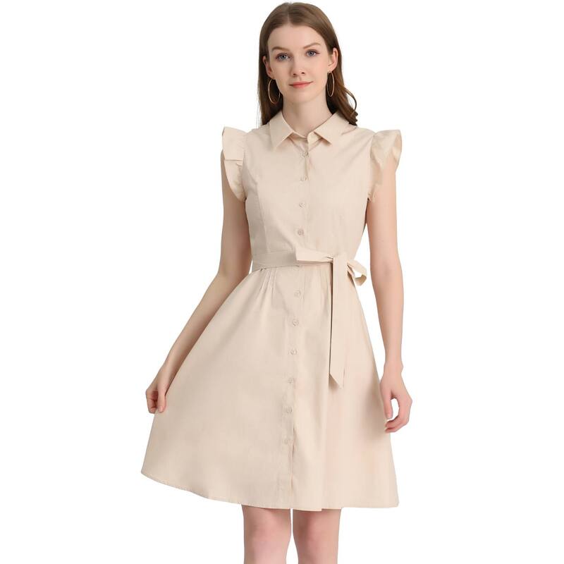アレグラ ケー レディース トップス ワンピース ボタンダウン ひざ丈 フリル シャツ ダウン ALLEGRA K Women's Work Ruffled Sleeve Button Down Belted Knee Length Shirt Dress Beige ベージュ｜ReVida 店