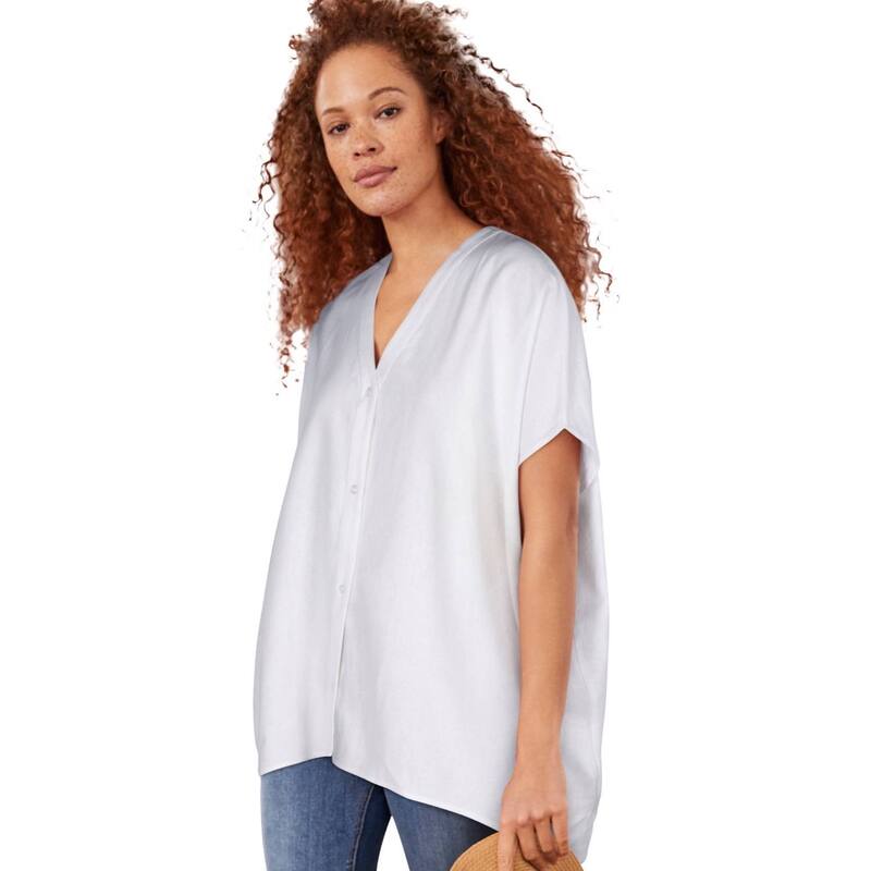 Ellos レディース トップス Tシャツ Vネック プラスサイズ リネン Ellos Plusize Linen-Blend V-Neck Button-Front Dolman Sleeve Oversized Tunic White ホワイト｜ReVida 店 15,106円