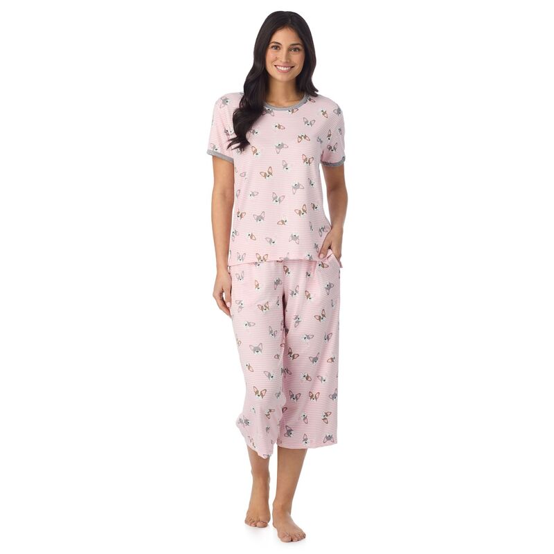 クドルドッズ レディース アンダーウェア ナイトウェア パンツ クロップド Women's Cuddl Duds 2-Piece Cozy Pajama Top & Pajama Cropped Pantset Coral Frenchies コーラル｜ReVida 店