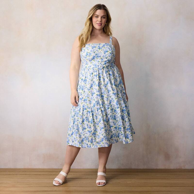 LC Lauren Conrad レディース トップス 衣裳 ティアード つけ加える大きさ MIDI ノースリーブ Plusize LC Lauren Conrad Sleeveless Tiered Midi Dress Blue Bonnie Blooms 青碧