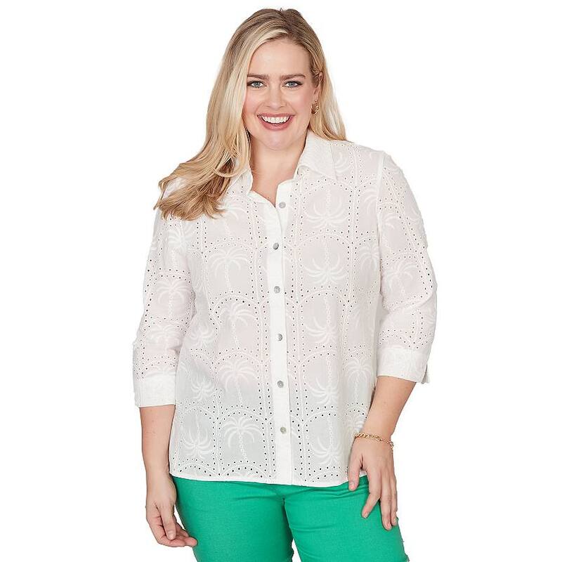 アルフレッド ダナー レディース トップス シャツ プチ Petite Alfredunner Eyelet Palm Tree Button Frontop White ホワイト｜ReVida 店