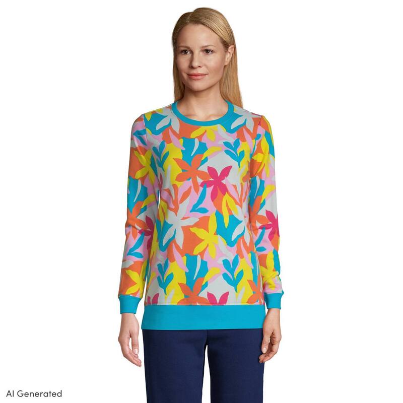 ランズエンド レディース トップス Tシャツ クルーネック スウェット Women's Lands' End Seriousweats Crewneck Sweatshirtunic Turquoise Floral ターコイズ｜ReVida 店
