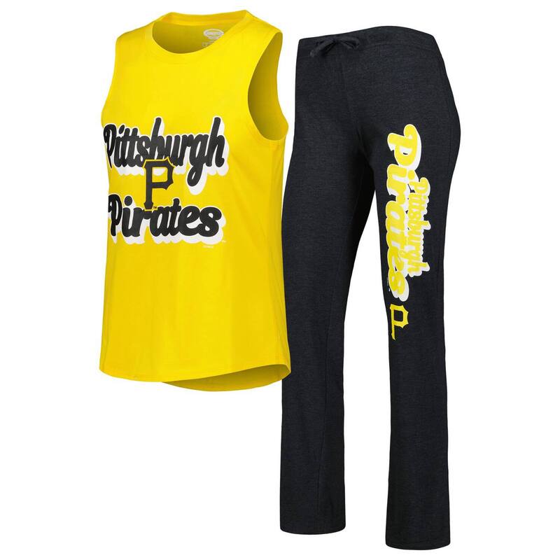 アンブランデッド レディース アンダー御召しもの ナイト爵御召しもの ズボン下 Unbranded Women\u0027s Conceptsport Heather Black/Gold Pittsburgh Pirates Wordmark Meter Muscle Tank Top \u0026 Pantsleep Set Pir Charco 黒いこと