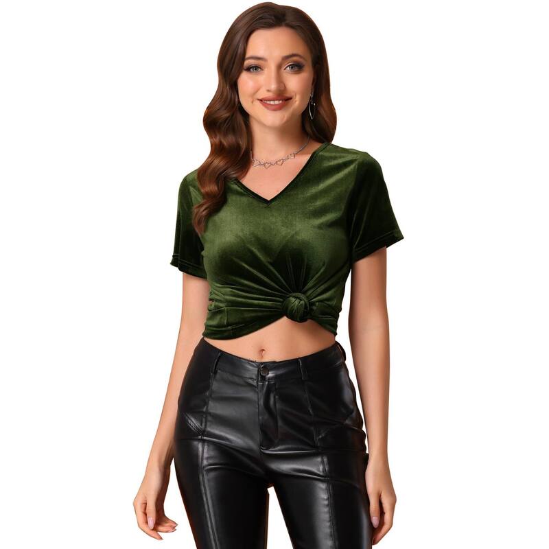 アレグラ ケー レディース トップス シャツ Vネック ベルベット ALLEGRA K Women's Velvetop V Neck Short Sleeve Casual T-Shirt Olive Green グリーン｜ReVida 店