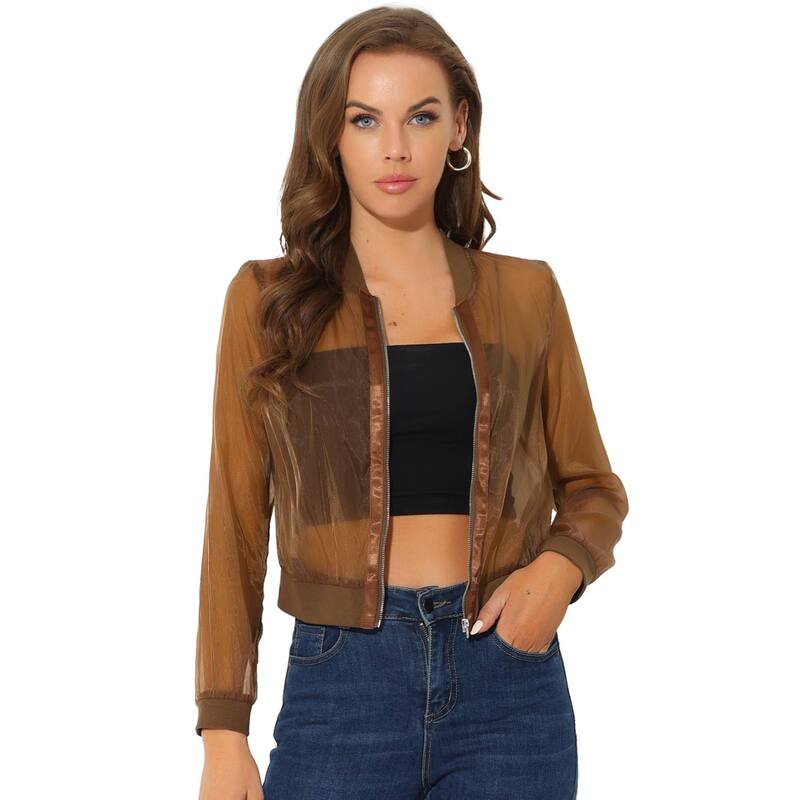 アレグラ ケー レディース アウター 上衣・上衣 ALLEGRA K Women\u0027s Long Sleeves Zip Up See Through Lightweight Bomber Jacket Brown 赤銅色