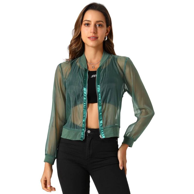 アレグラ ケー レディース アウター 上衣・上衣 ALLEGRA K Women\u0027s Long Sleeves Zip Up See Through Lightweight Bomber Jacket Green 緑であること