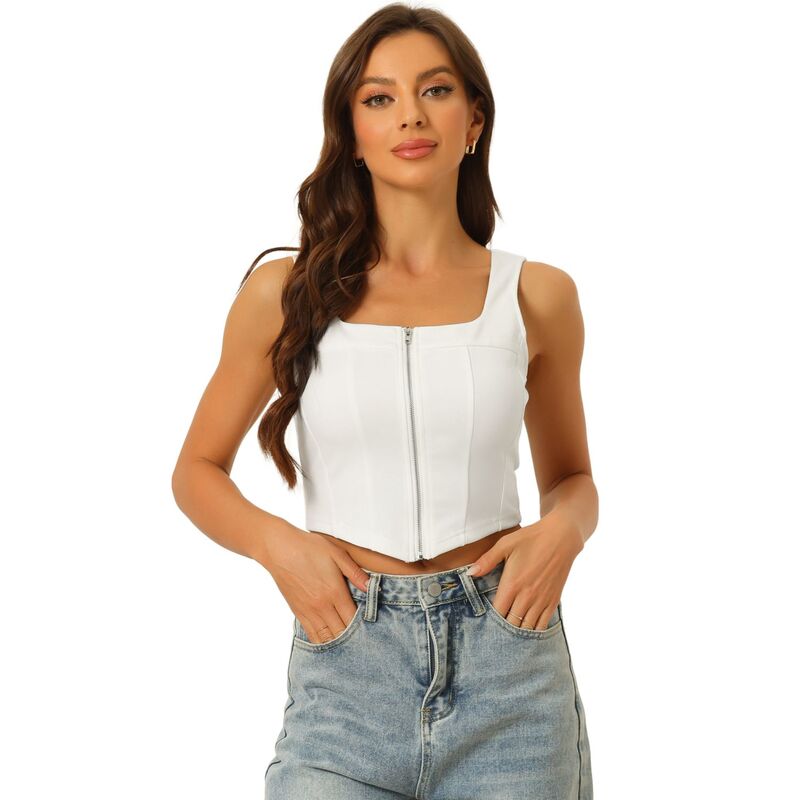 アレグラ ケー レディース トップス Tシャツ アシンメトリー ALLEGRA K Women'square Neck Asymmetrical Hem Zip Front Crop Cami Tank Tops White ホワイト｜ReVida 店