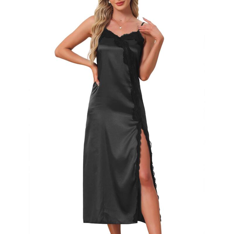 cheibear レディース アンダーウェア ナイトウェア サテン レース マキシ cheibear Womensatinightgown Lace Cami Dress Maxi Longown Pajama Nightwear Black ブラック｜ReVida 店