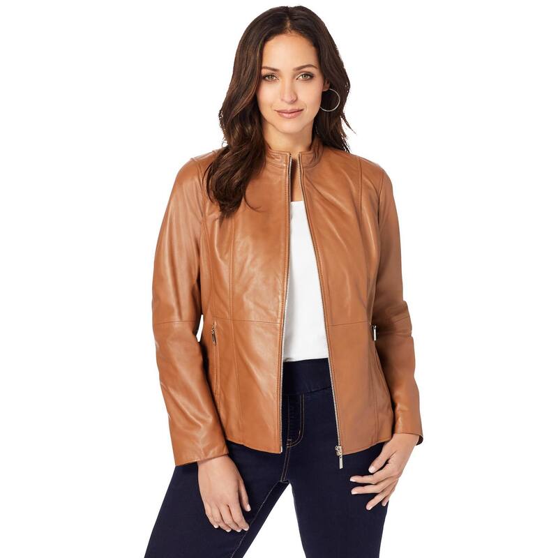 ジェシカ英国の首都 レディース アウター 上衣・上衣 つけ加える大きさ なめし革 Jessica London Women\u0027s Plusize Zip Front Leather Jacket Cognac