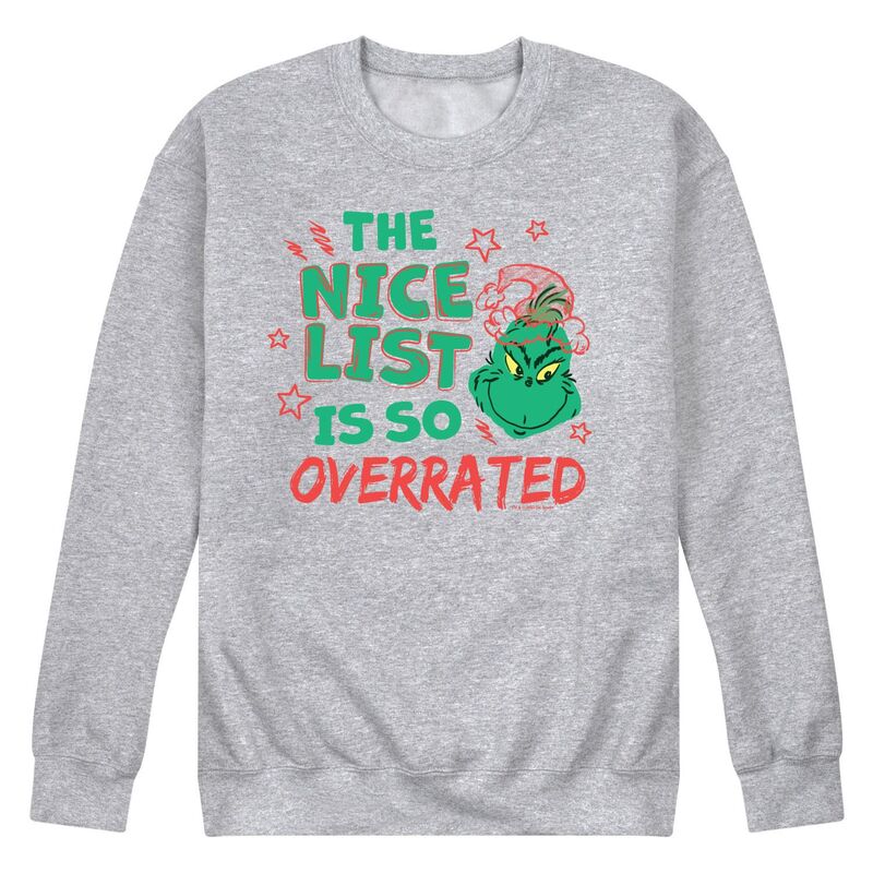 アニメ文字記号 レディース トップス プルオーバー 汗水 フリース Licensed Character Men\u0027s Dr. Seuss The Grinch Nice List Overrated Fleece Sweatshirt Heather Gray 薄墨色