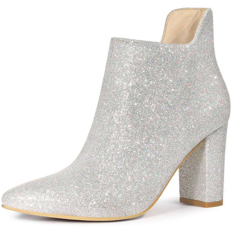アレグラ ケー レディース シューズ ブーツ・レインブーツ カットアウト アンクル 踵 ALLEGRA K Women\u0027s Glitter Pointed Toe Cutout Block Heel Ankle Bootiesilver しろがね色