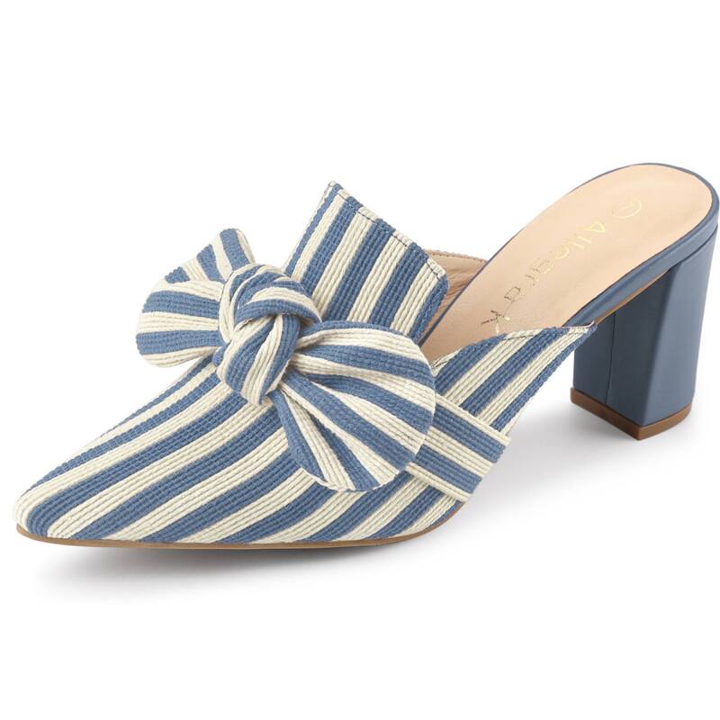アレグラ ケー レディース シューズ サンダル ヒール ALLEGRA K Women\'stripe Bow Pointed Toe Block Heel Slides Mules Light Blue ブルー｜ReVida 店