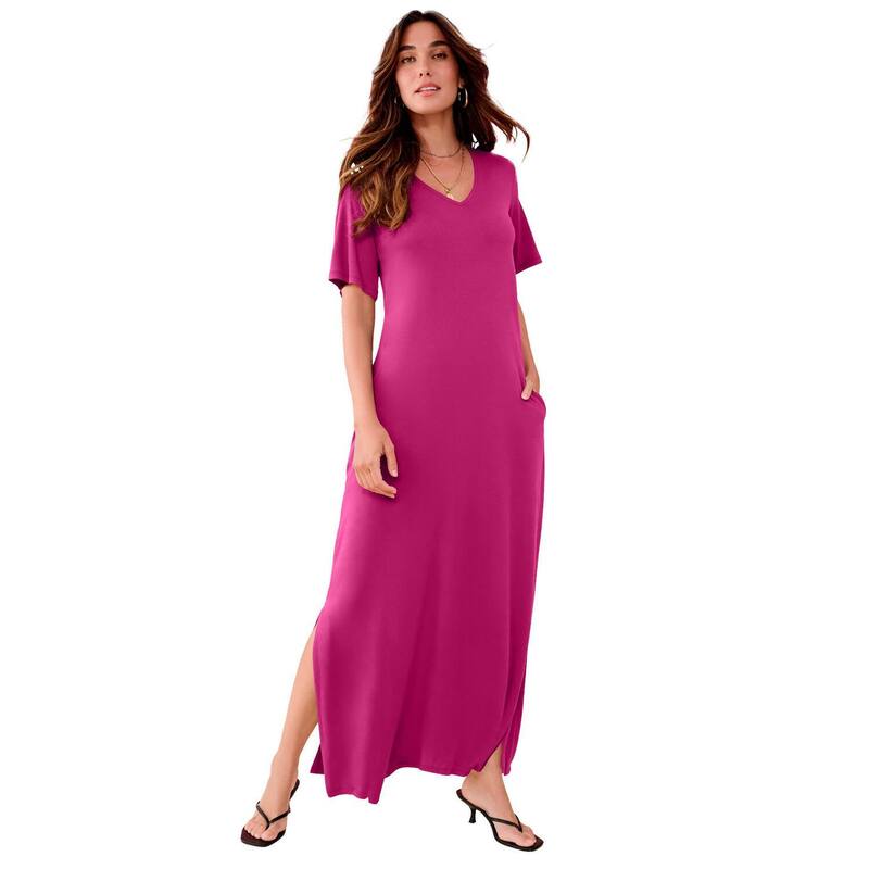 ロアマンズ レディース トップス ワンピース サイドスリット プラスサイズ ニット マキシ Roaman's Women's Plusize Stretch Knit Short Sleeve Maxi Dress With Side Slit Detail Raspberry｜ReVida 店