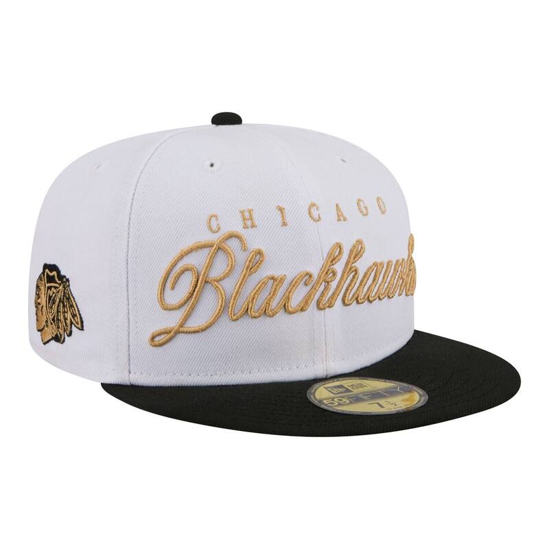 ニュー内鰓 レディース 付属物 鳥打ち帽 Men\u0027s New Era White/Black Chicago Blackhawkscripted 59FIFTY Fitted Hat Hwk White 白いこと