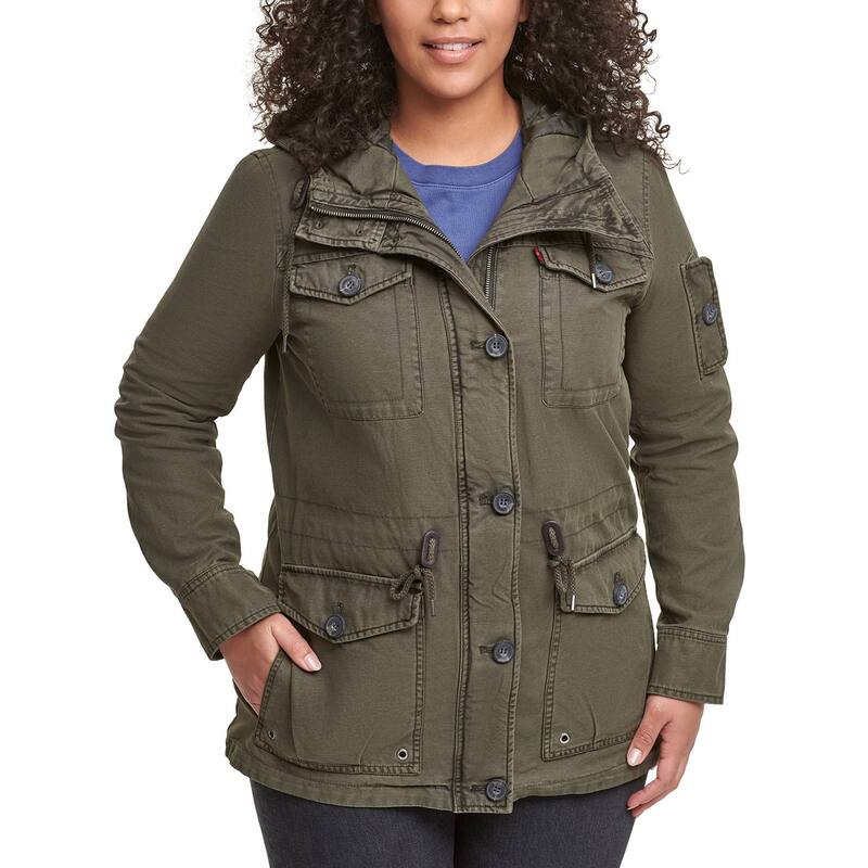 リーヴァイズジーンズ レディース アウター 上衣・上衣 足し加える大きさ 綿織物 Plusize Levi\u0027s Hooded Cotton Anorak Jacket Army Green 緑であること