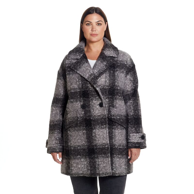 ウェザーキャスト レディース アウター 上衣・上衣 足し加える大きさ 厚地の外套 Plusize Weathercast Double Breasted Boucle Peacoat Black Plaid 黒いこと