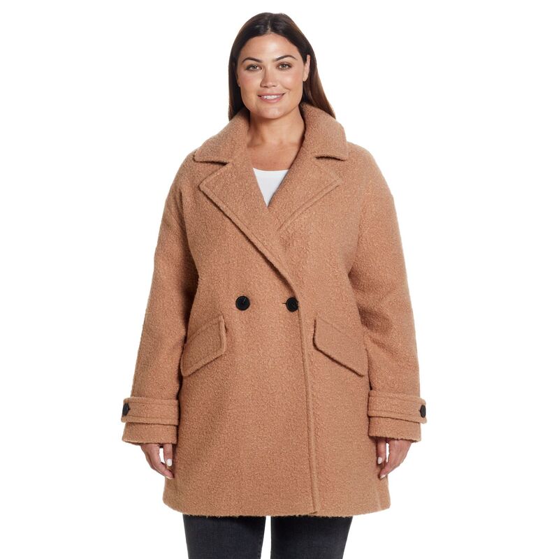 ウェザーキャスト レディース アウター 上衣・上衣 足し加える大きさ 厚地の外套 Plusize Weathercast Double Breasted Boucle Peacoat Camel 駱駝