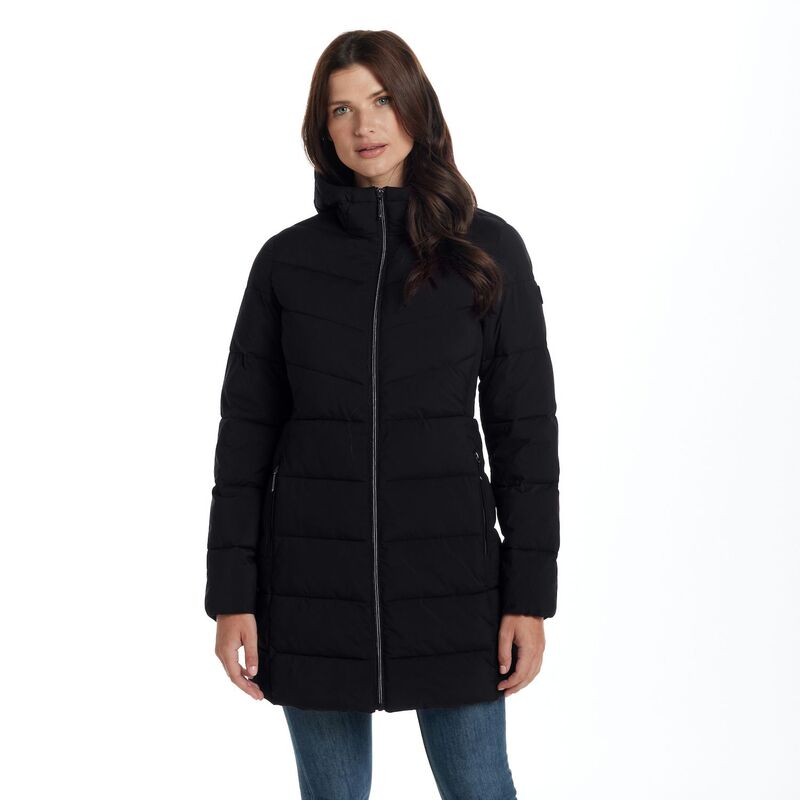 ウェザーキャスト レディース アウター 上衣・上衣 キルティング Women\u0027s Weathercast Hooded Channel Stretch Quilted Puffer Jacket Black 黒いこと